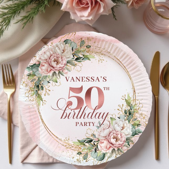 Watercolor Rose Gold Blush Greenery 50th Birthday  Paper Plate (Watercolor Rose Gold Blush Greenery 50th Birthday Paper Plates

)