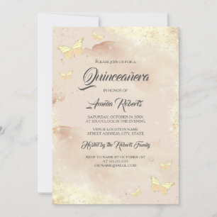 Watercolor Rose Gold Butterfly Dress Quinceanera Invitation