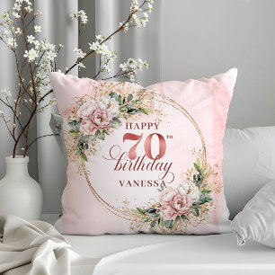 Watercolor Rose Gold Floral Eucalyptus Art 70th  Throw Pillow