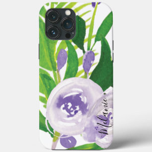 Watercolor Rose Greenery Purple Script Name iPhone 13 Pro Max Case