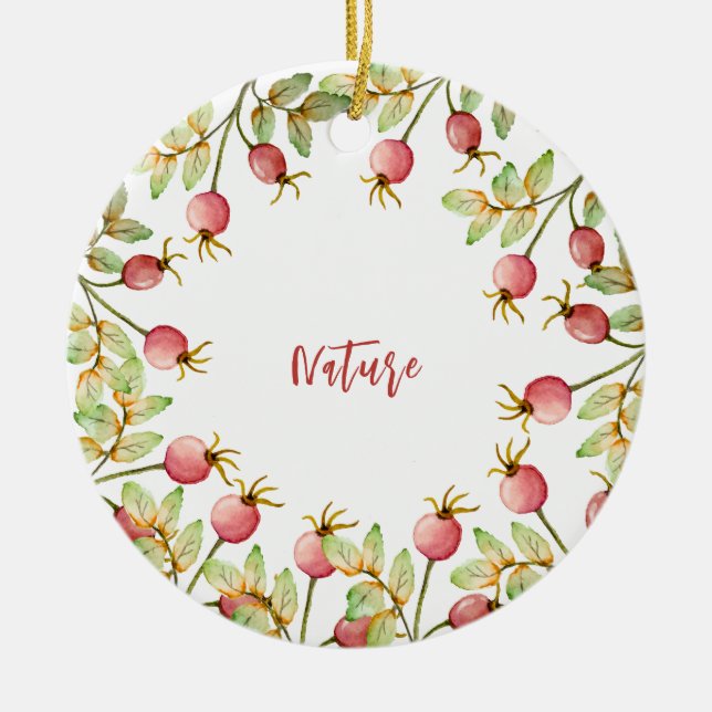 Watercolor rose hips ceramic ornament (Front)
