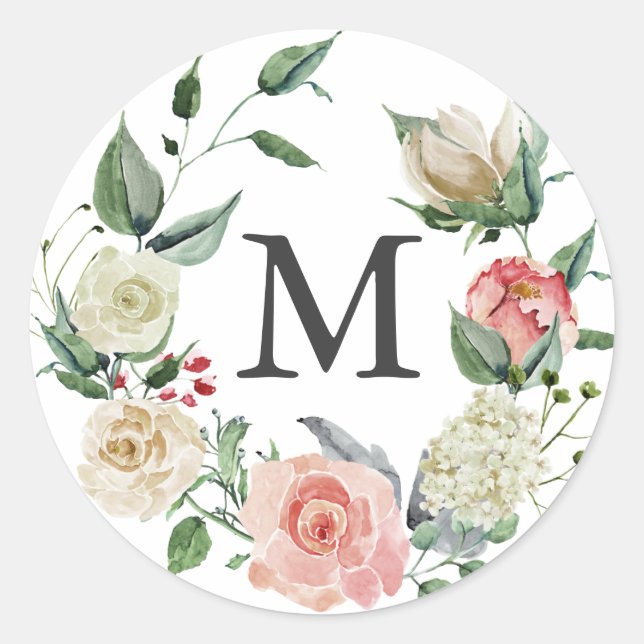 Watercolor Rose Monogram Classic Round Sticker (Front)