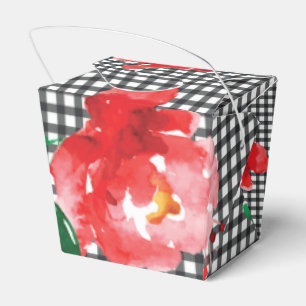 Watercolor Rose on Black White Check Take Out Favor Box