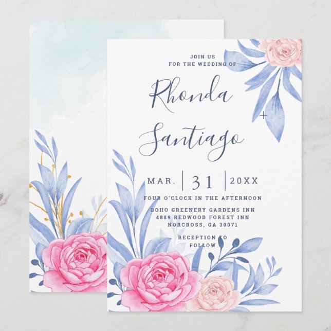 Watercolor Rose Pink Cloudy Blue Leaves Wedding In Invitation (Front/Back)