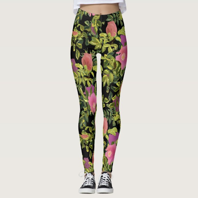 Watercolor rose pink flowers botanical floral retr leggings (Front)