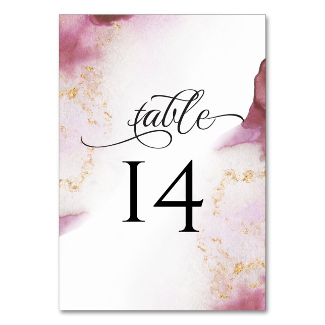 Watercolor Rose Quartz Gold Geode BarefootBride™ Table Number (Front)