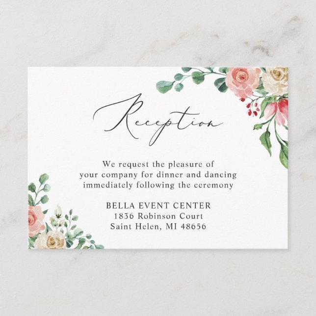 Watercolor Rose Wedding Reception Card (Front)