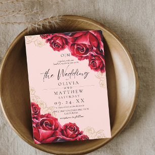 Watercolor Rose Wedding Red Gold Invitation