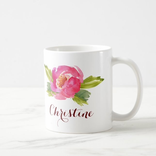 Watercolor Rose with Custom Name Coffee Mug (Right)