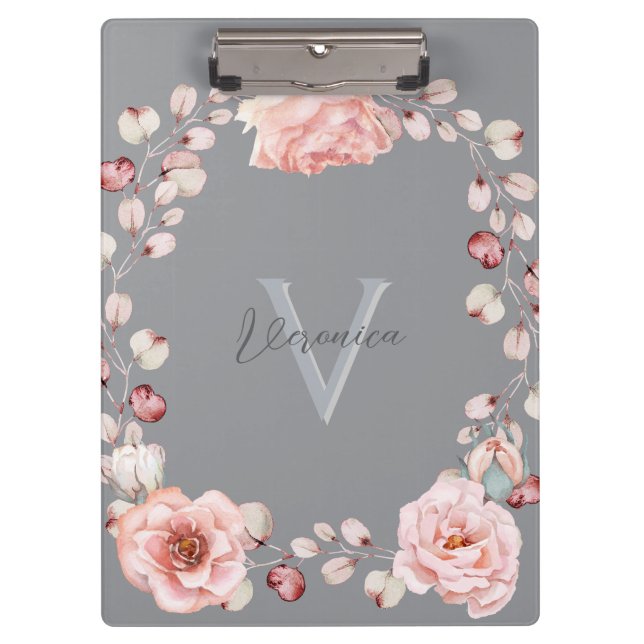 Watercolor Rose Wreath Personalized | Grey Clipboard (Front)