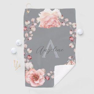 Watercolor Rose Wreath Personalized   Grey Golf Towel