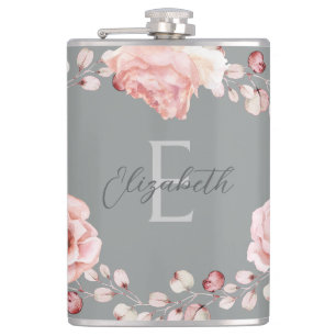 Watercolor Rose Wreath Personalized   Grey Hip Flask