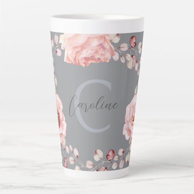 Watercolor Rose Wreath Personalized | Grey Latte Mug (Front)