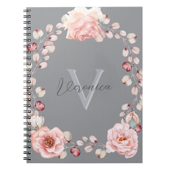 Watercolor Rose Wreath Personalized | Grey Notebook (Front)