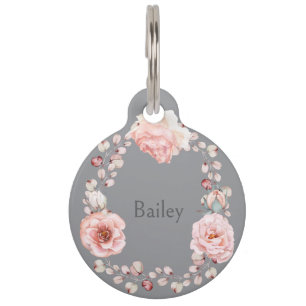 Watercolor Rose Wreath Personalized   Grey Pet Tag