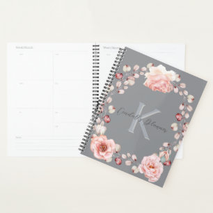 Watercolor Rose Wreath Personalized Grey Planner