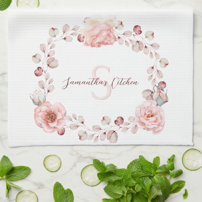 Watercolor Rose Wreath Personalized Kitchen Towel (Folded)