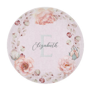 Watercolor Rose Wreath Personalized   Pink Cutting Board