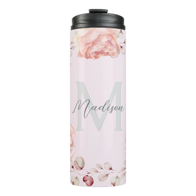 Watercolor Rose Wreath Personalized | Pink Thermal Tumbler (Front)
