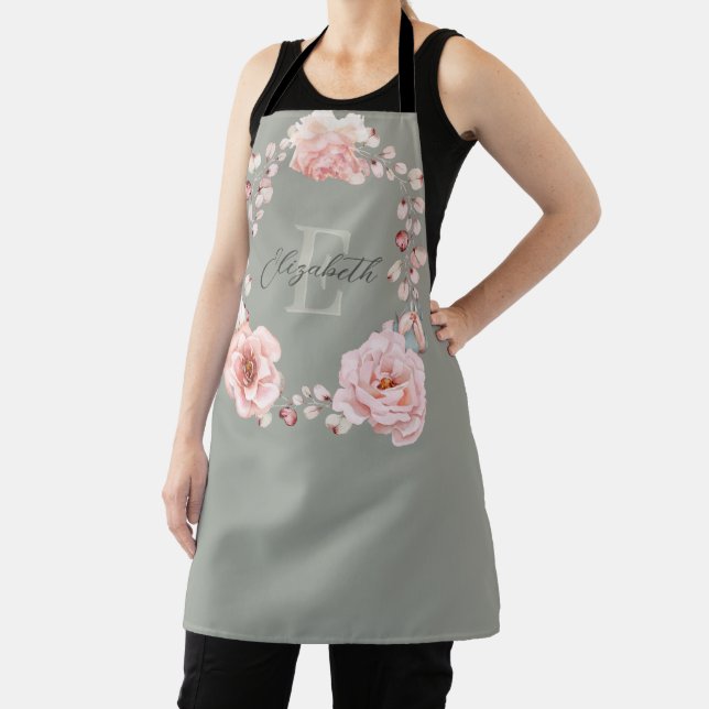 Watercolor Rose Wreath Personalized | Sage Green Apron (Insitu)