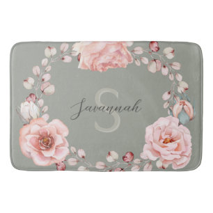 Watercolor Rose Wreath Personalized   Sage Green Bath Mat