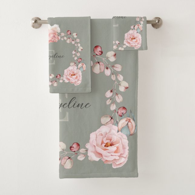 Watercolor Rose Wreath Personalized | Sage Green Bath Towel Set (Insitu)
