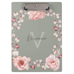 Watercolor Rose Wreath Personalized   Sage Green Clipboard
