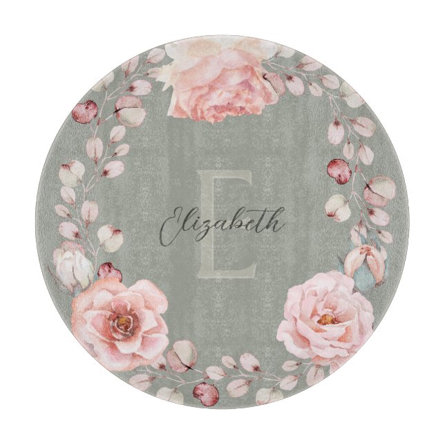 Watercolor Rose Wreath Personalized | Sage Green Cutting Board (Front)
