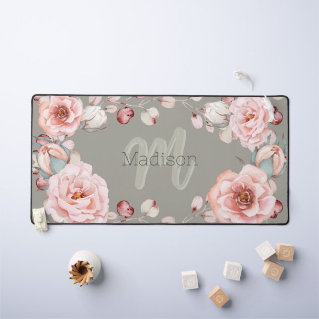Watercolor Rose Wreath Personalized | Sage Green Desk Mat (Kids Table)