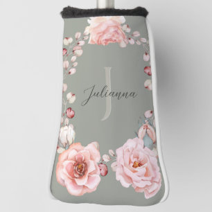 Watercolor Rose Wreath Personalized   Sage Green Golf Head Cover