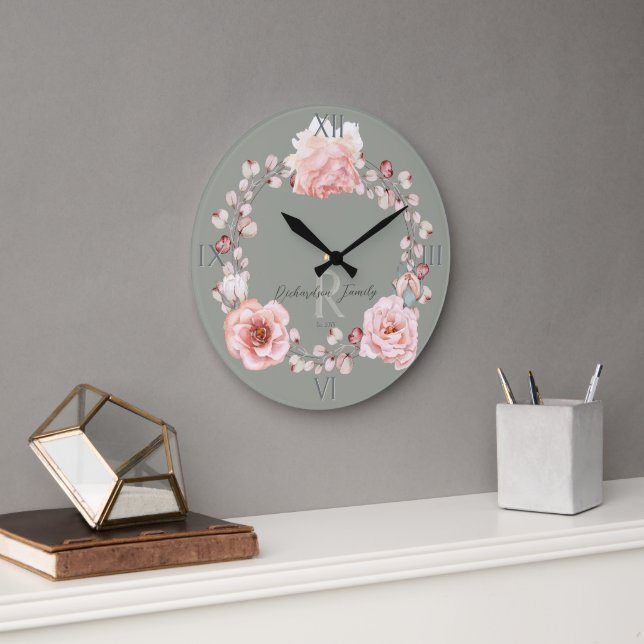 Watercolor Rose Wreath Personalized | Sage Green Large Clock (Office)