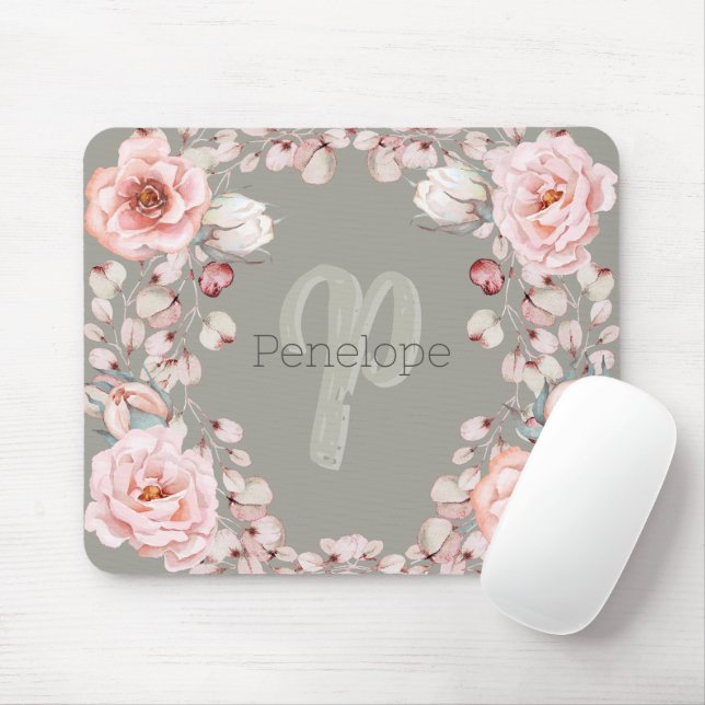 Watercolor Rose Wreath Personalized | Sage Green Mouse Pad (With Mouse)