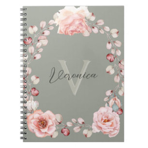 Watercolor Rose Wreath Personalized Sage Green Notebook