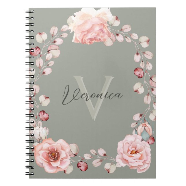 Watercolor Rose Wreath Personalized | Sage Green Notebook (Front)