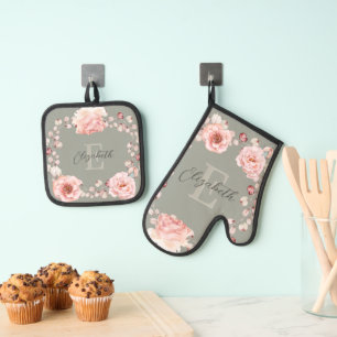 Watercolor Rose Wreath Personalized Sage Green Oven Mitt & Pot Holder Set