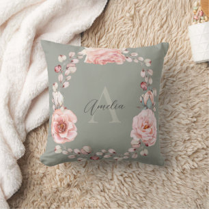 Watercolor Rose Wreath Personalized   Sage Green Throw Pillow