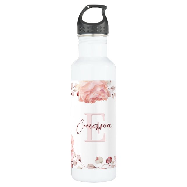 Watercolor Rose Wreath Personalized | White 710 Ml Water Bottle (Front)