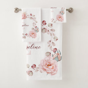 Watercolor Rose Wreath Personalized White Bath Towel Set