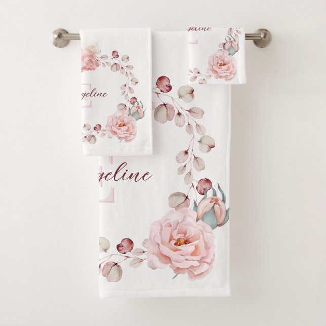 Watercolor Rose Wreath Personalized | White Bath Towel Set (Insitu)