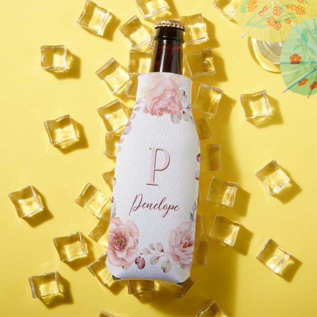 Watercolor Rose Wreath Personalized | White Bottle Cooler (In Situ Summer)