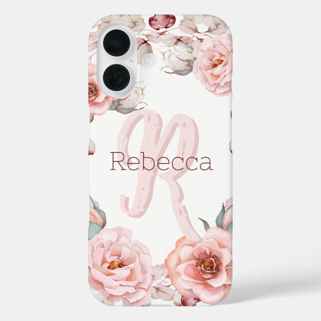 Watercolor Rose Wreath Personalized | White Case-Mate iPhone Case (Back)