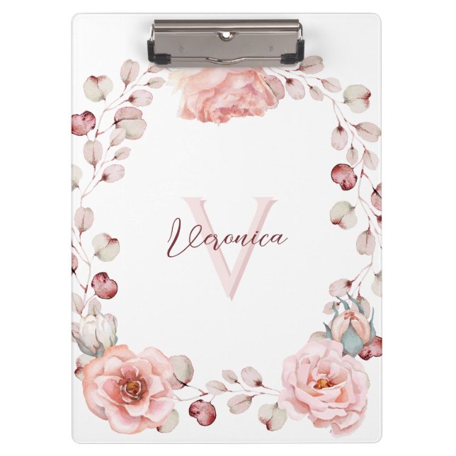 Watercolor Rose Wreath Personalized | White Clipboard (Front)