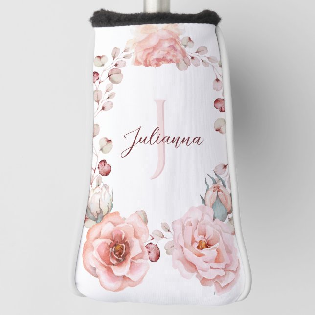 Watercolor Rose Wreath Personalized | White Golf Head Cover (Rotate 90)