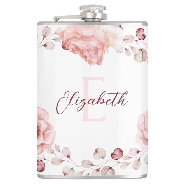 Watercolor Rose Wreath Personalized | White Hip Flask (Front)