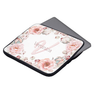 Watercolor Rose Wreath Personalized White Laptop Sleeve