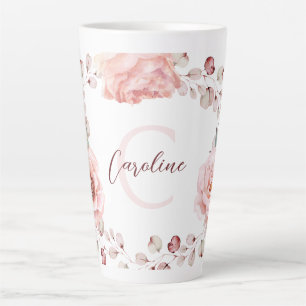 Watercolor Rose Wreath Personalized White Latte Mug