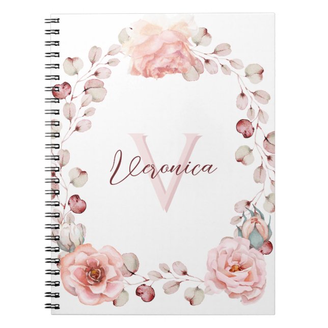Watercolor Rose Wreath Personalized | White Notebook (Front)