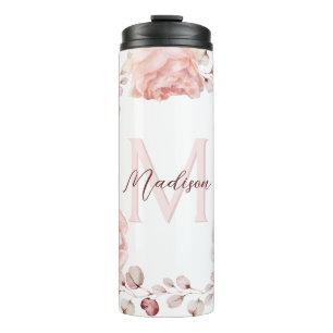 Watercolor Rose Wreath Personalized White Thermal Tumbler