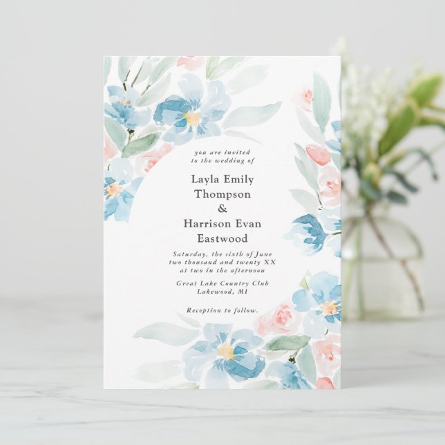 Watercolor Roses and Blue Wedding Invitation (Standing Front)