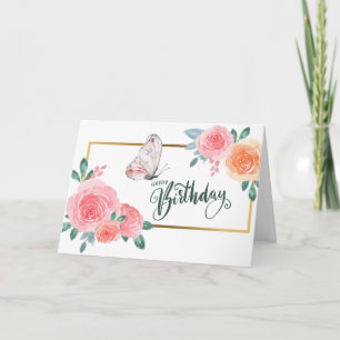 Watercolor Roses and Butterfly Happy Birthday Card
